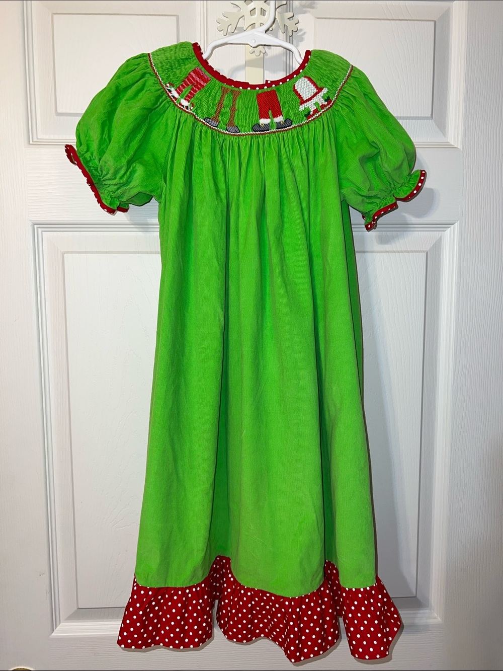 Green Holiday Girls' Smocked Dress with Red Trim
